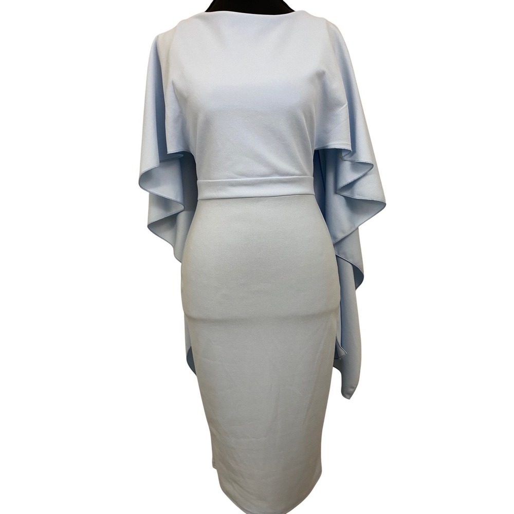 Goddiva Cape Midi Dress Womens Size 4 Light Blue Open‎ Back Formal Wedding Guest